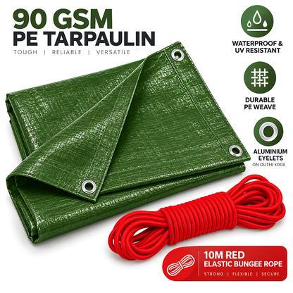 Green Tarpaulin 6m x 8m 90 GSM Waterproof PE with 10m Red Elastic Bungee Rope, UV Resistant, Aluminium Eyelets Every 1m