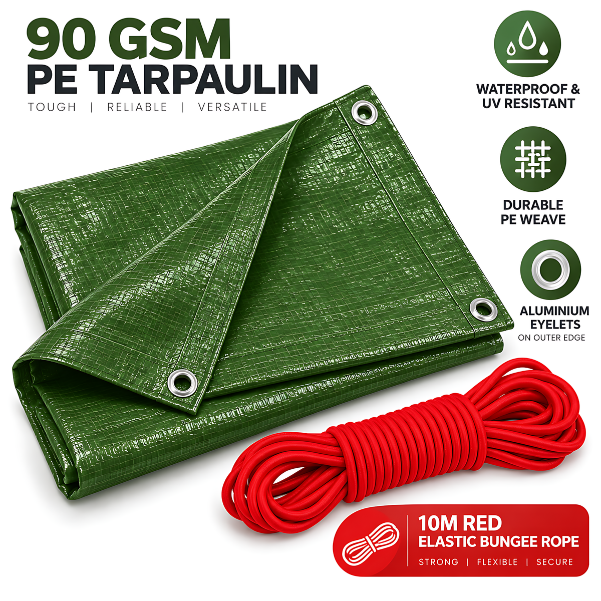 Green Tarpaulin 8m x 8m 90 GSM Waterproof PE with 10m Red Elastic Bungee Rope, UV Resistant, Aluminium Eyelets Every 1m