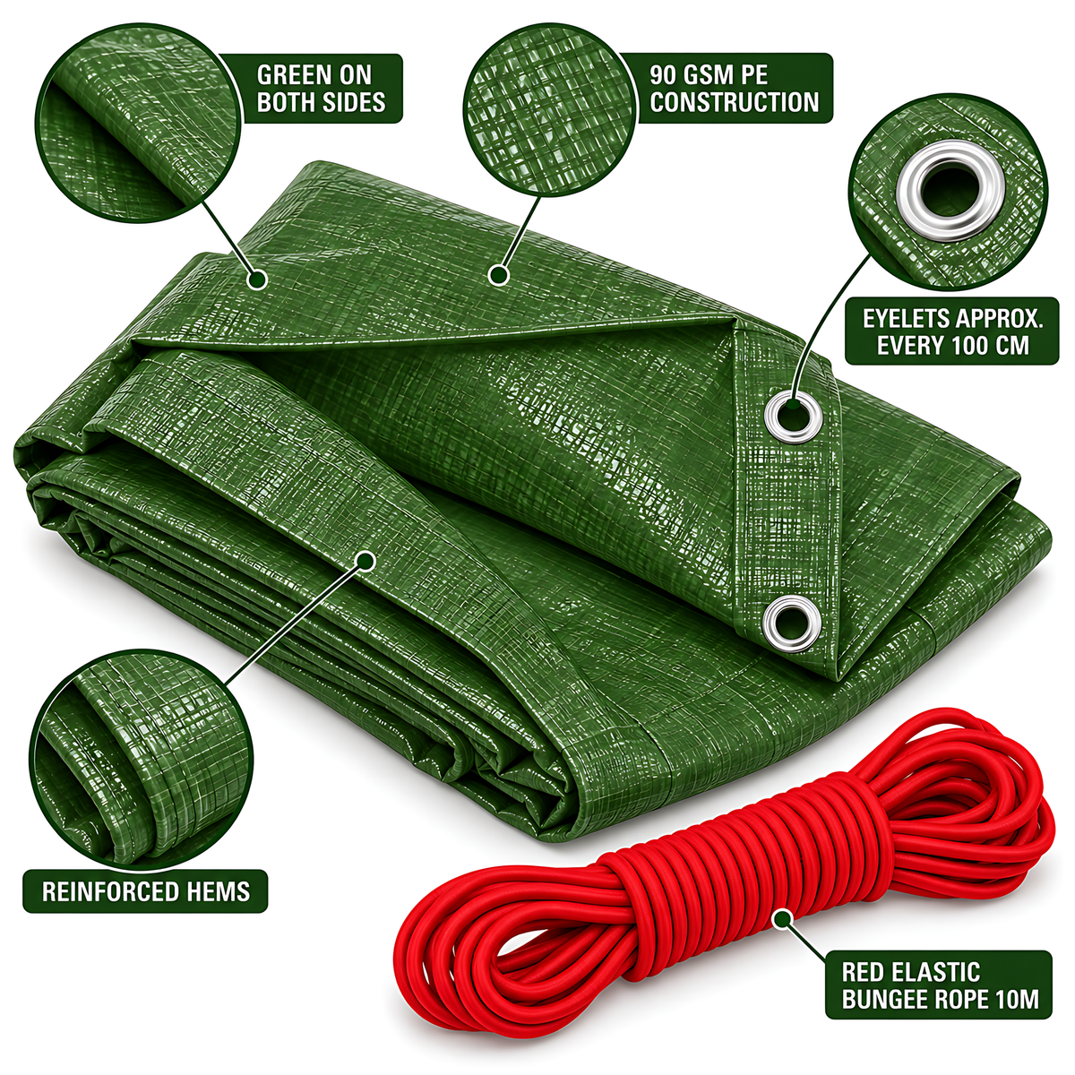 Green Tarpaulin 3m x 3m 90 GSM Waterproof PE with 10m Red Elastic Bungee Rope, UV Resistant, Aluminium Eyelets Every 1m