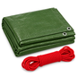Green Tarpaulin 10m x 12m 90 GSM Waterproof PE with 10m Red Elastic Bungee Rope, UV Resistant, Aluminium Eyelets Every 1m