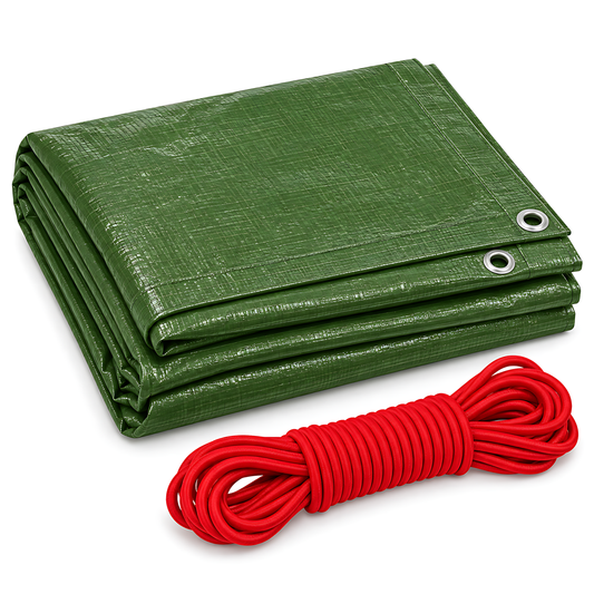 Green Tarpaulin 4m x 4m 90 GSM Waterproof PE with 10m Red Elastic Bungee Rope, UV Resistant, Aluminium Eyelets Every 1m