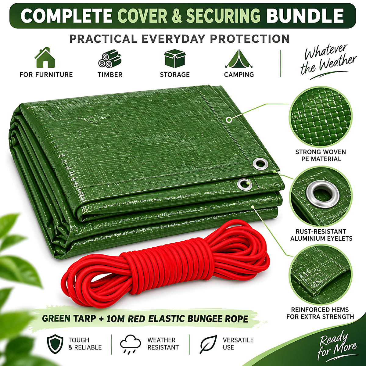 Green Tarpaulin 10m x 12m 90 GSM Waterproof PE with 10m Red Elastic Bungee Rope, UV Resistant, Aluminium Eyelets Every 1m