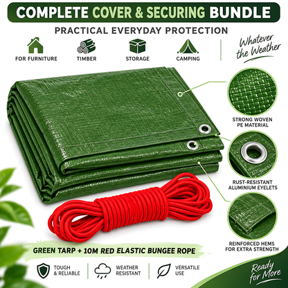 Green Tarpaulin 6m x 6m 90 GSM Waterproof PE with 10m Red Elastic Bungee Rope, UV Resistant, Aluminium Eyelets Every 1m