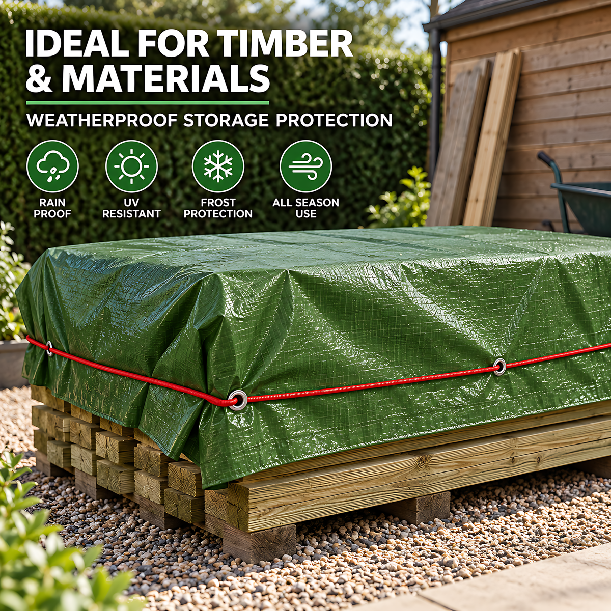 Green Tarpaulin 3m x 3m 90 GSM Waterproof PE with 10m Red Elastic Bungee Rope, UV Resistant, Aluminium Eyelets Every 1m