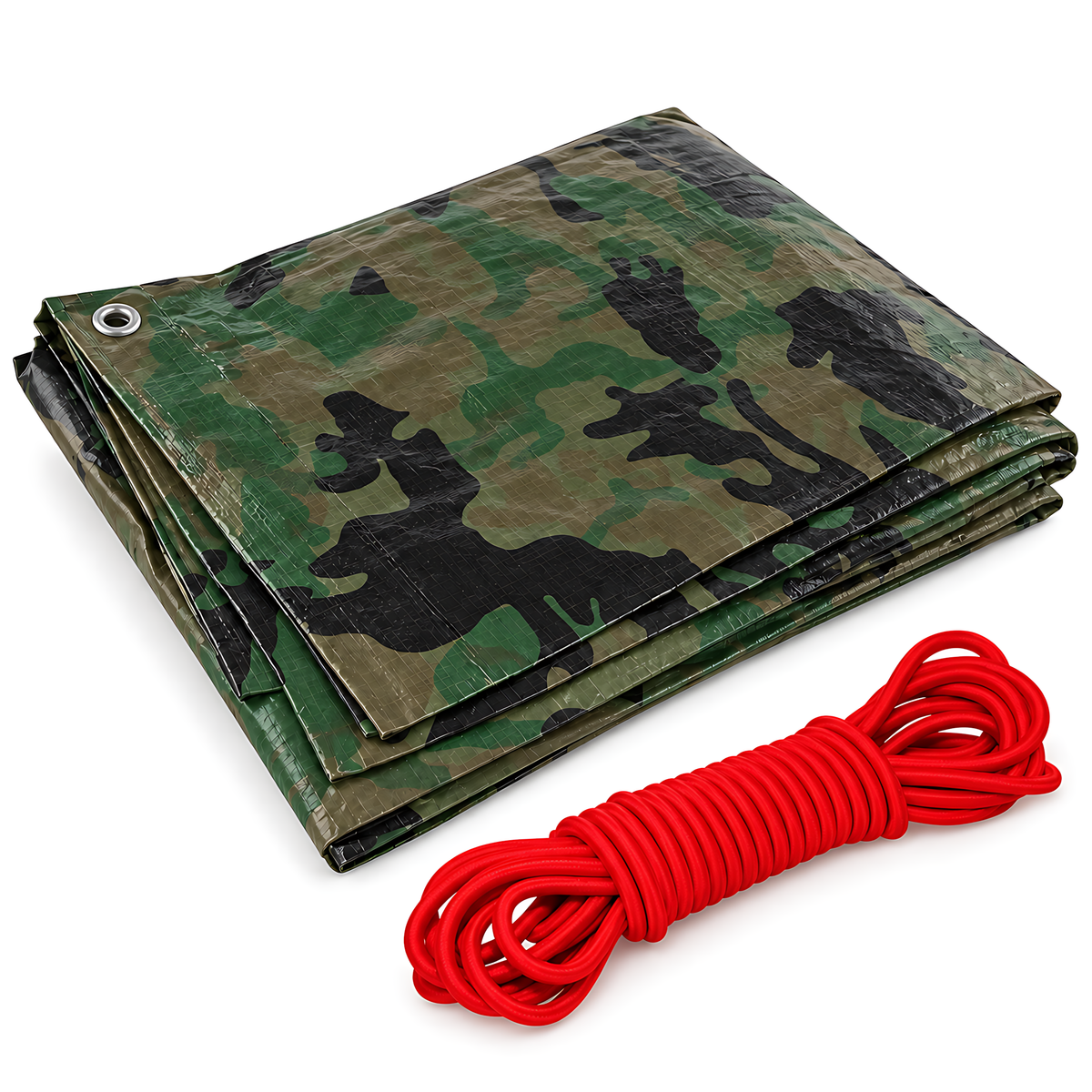 Camouflage Tarpaulin 5m x 8m 85 GSM Waterproof PE with 10m Red Bungee Rope for Camping, UV Resistant, Aluminium Eyelets Every 1m