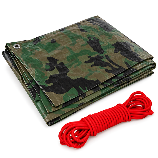 Camouflage Tarpaulin 10m x 12m 85 GSM Waterproof PE with 10m Red Bungee Rope for Camping, UV Resistant, Aluminium Eyelets Every 1m