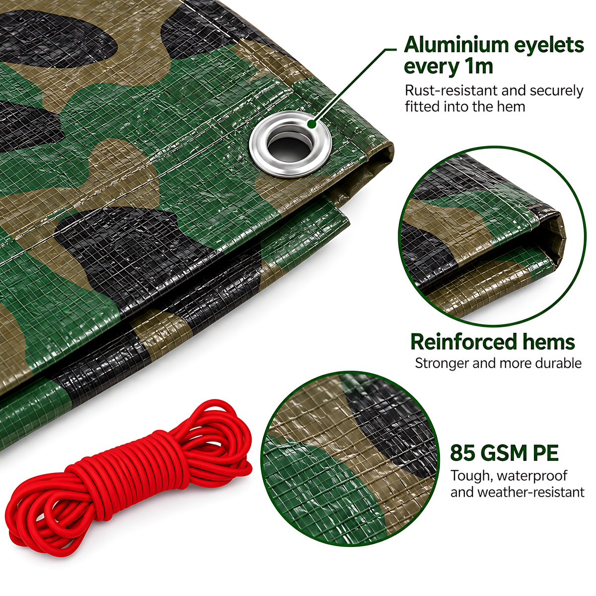 Camouflage Tarpaulin 6m x 6m 85 GSM Waterproof PE with 10m Red Bungee Rope for Camping, UV Resistant, Aluminium Eyelets Every 1m