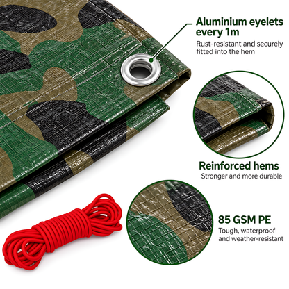 Camouflage Tarpaulin 4m x 4m 85 GSM Waterproof PE with 10m Red Bungee Rope for Camping, UV Resistant, Aluminium Eyelets Every 1m