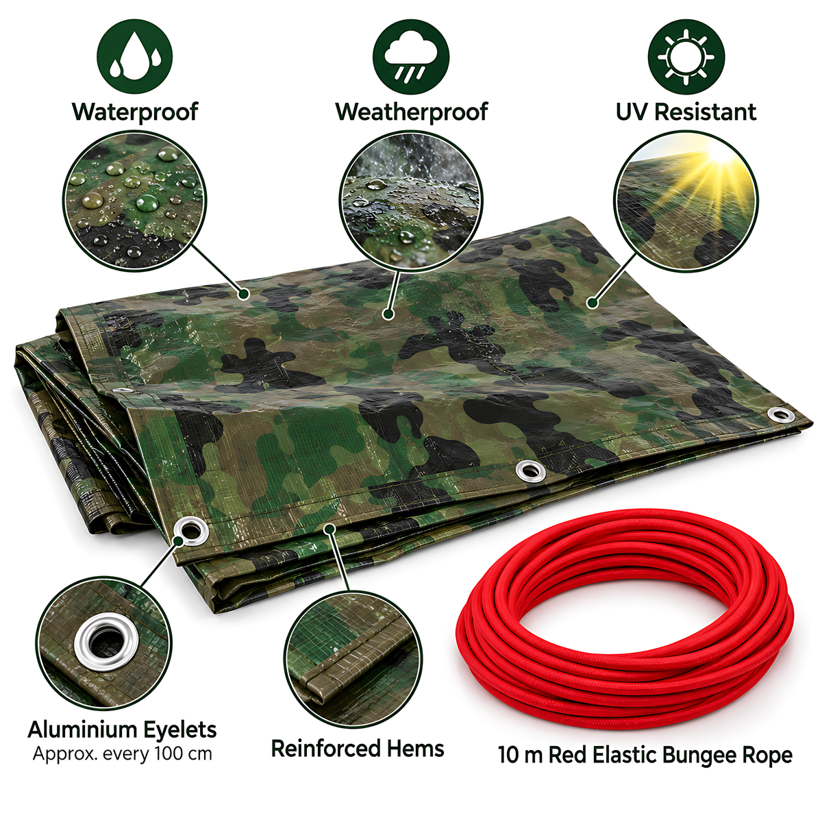 Camouflage Tarpaulin 4m x 5m 85 GSM Waterproof PE with 10m Red Bungee Rope for Camping, UV Resistant, Aluminium Eyelets Every 1m