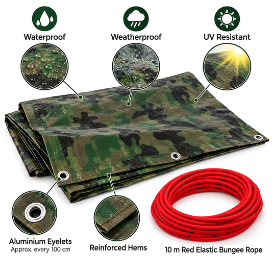 Camouflage Tarpaulin 10m x 12m 85 GSM Waterproof PE with 10m Red Bungee Rope for Camping, UV Resistant, Aluminium Eyelets Every 1m