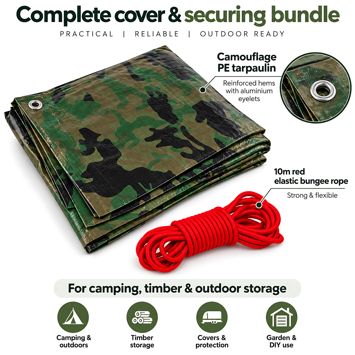 Camouflage Tarpaulin 5m x 5m 85 GSM Waterproof PE with 10m Red Bungee Rope for Camping, UV Resistant, Aluminium Eyelets Every 1m