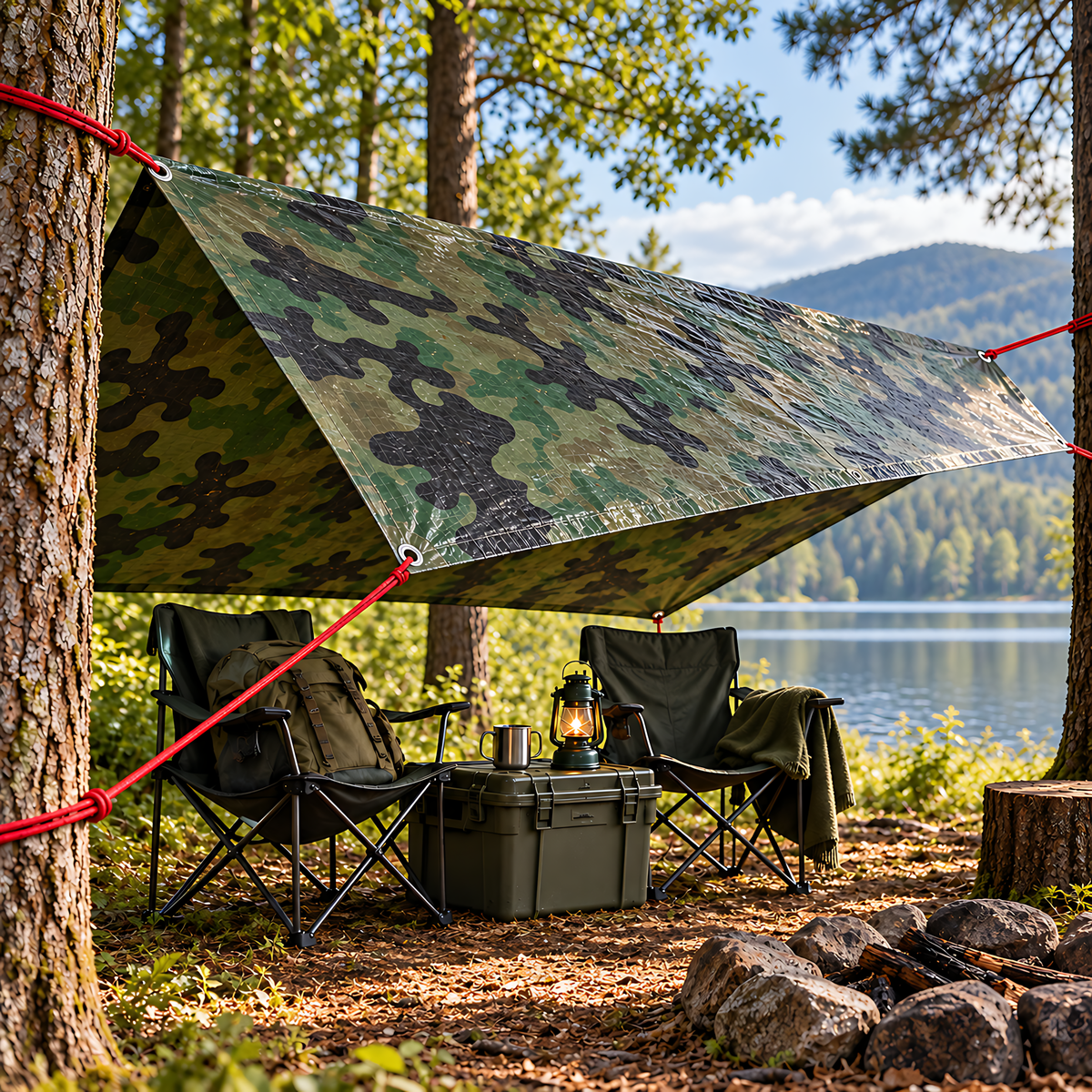 Camouflage Tarpaulin 4m x 5m 85 GSM Waterproof PE with 10m Red Bungee Rope for Camping, UV Resistant, Aluminium Eyelets Every 1m