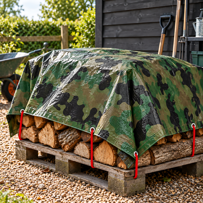 Camouflage Tarpaulin 3m x 4m 85 GSM Waterproof PE with 10m Red Bungee Rope for Camping, UV Resistant, Aluminium Eyelets Every 1m