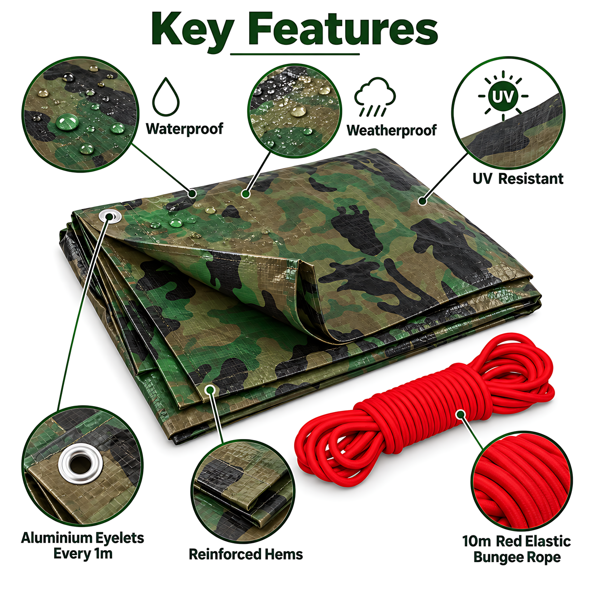 Camouflage Tarpaulin 5m x 5m 85 GSM Waterproof PE with 10m Red Bungee Rope for Camping, UV Resistant, Aluminium Eyelets Every 1m