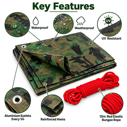Camouflage Tarpaulin 5m x 5m 85 GSM Waterproof PE with 10m Red Bungee Rope for Camping, UV Resistant, Aluminium Eyelets Every 1m