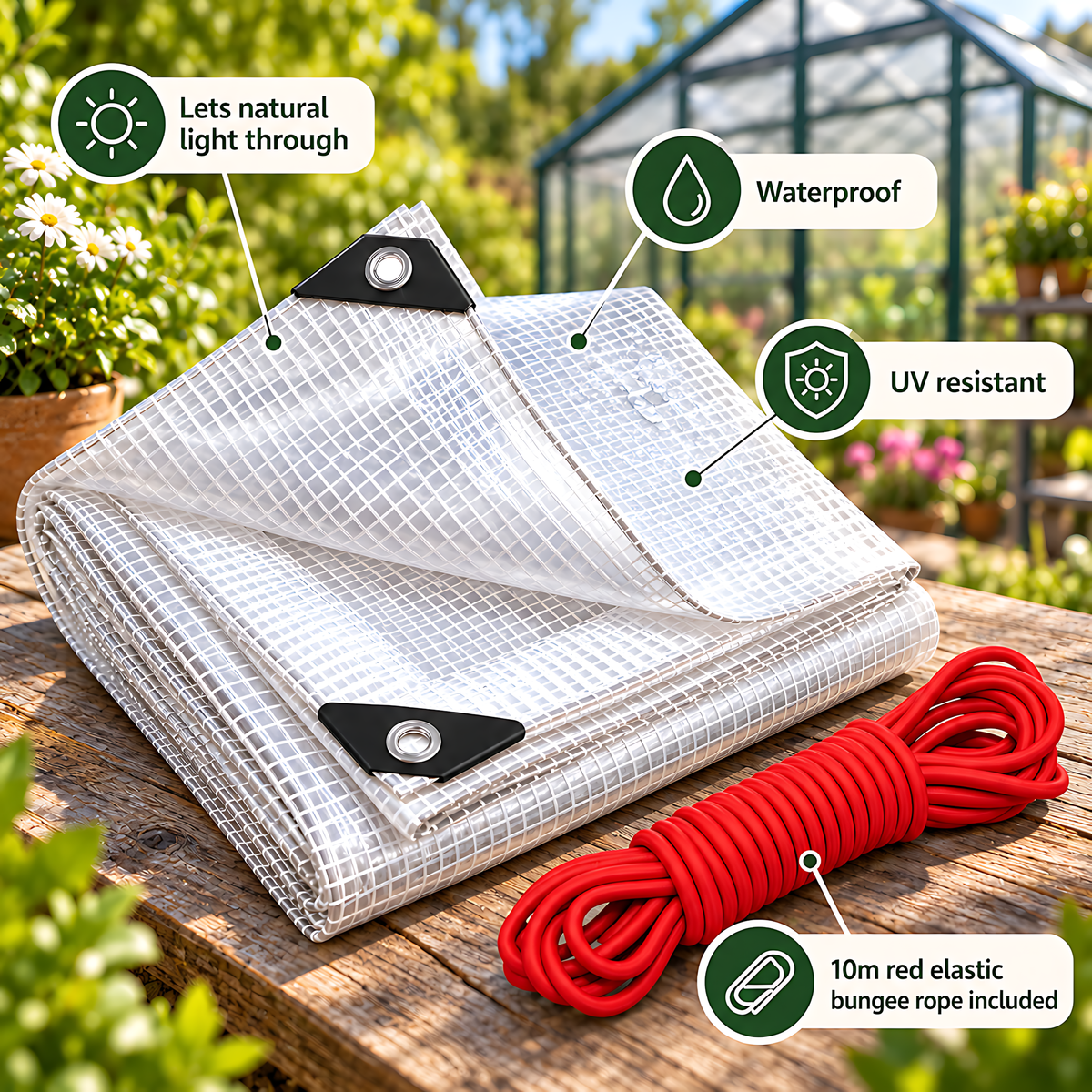 Clear Leno Tarpaulin 3m x 4m 100 GSM Waterproof PE with 10m Red Bungee Rope for Greenhouses, UV Resistant, Aluminium Eyelets