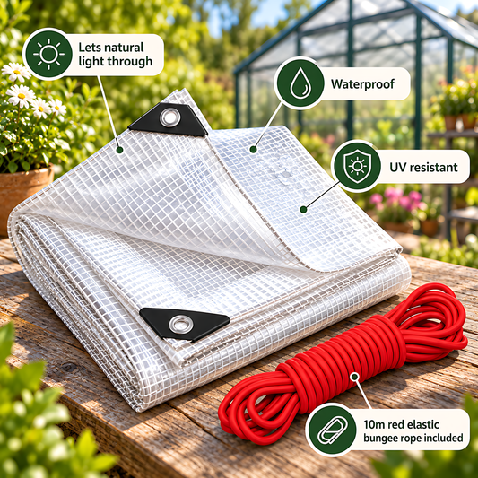 Clear Leno Tarpaulin 4m x 5m 100 GSM Waterproof PE with 10m Red Bungee Rope for Greenhouses, UV Resistant, Aluminium Eyelets