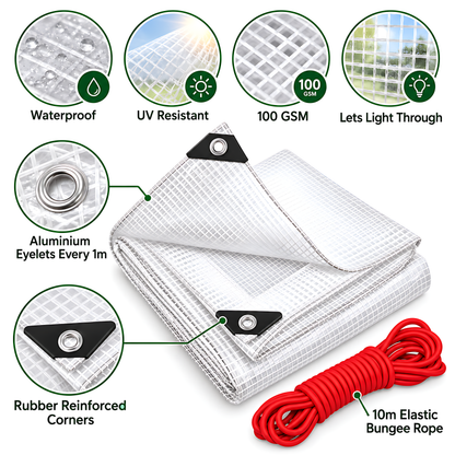 Clear Leno Tarpaulin 3m x 3m 100 GSM Waterproof PE with 10m Red Bungee Rope for Greenhouses, UV Resistant, Aluminium Eyelets