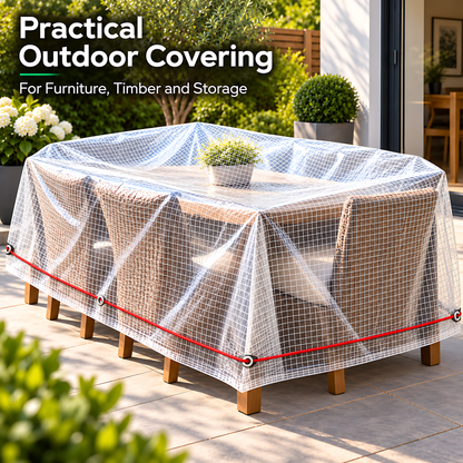 Clear Leno Tarpaulin 3m x 4m 100 GSM Waterproof PE with 10m Red Bungee Rope for Greenhouses, UV Resistant, Aluminium Eyelets