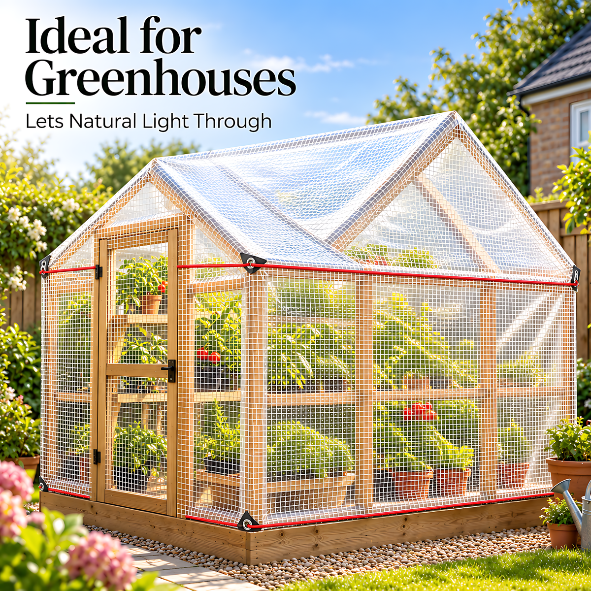 Clear Leno Tarpaulin 3m x 4m 100 GSM Waterproof PE with 10m Red Bungee Rope for Greenhouses, UV Resistant, Aluminium Eyelets
