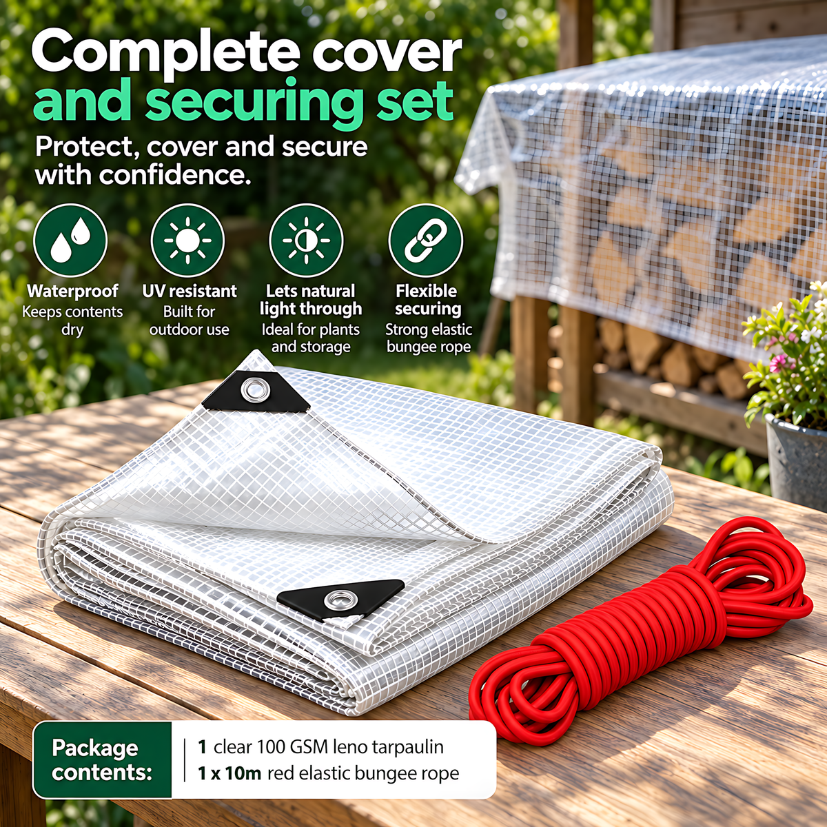 Clear Leno Tarpaulin 8m x 12m 100 GSM Waterproof PE with 10m Red Bungee Rope for Greenhouses, UV Resistant, Aluminium Eyelets