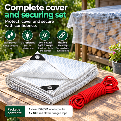 Clear Leno Tarpaulin 6m x 6m 100 GSM Waterproof PE with 10m Red Bungee Rope for Greenhouses, UV Resistant, Aluminium Eyelets
