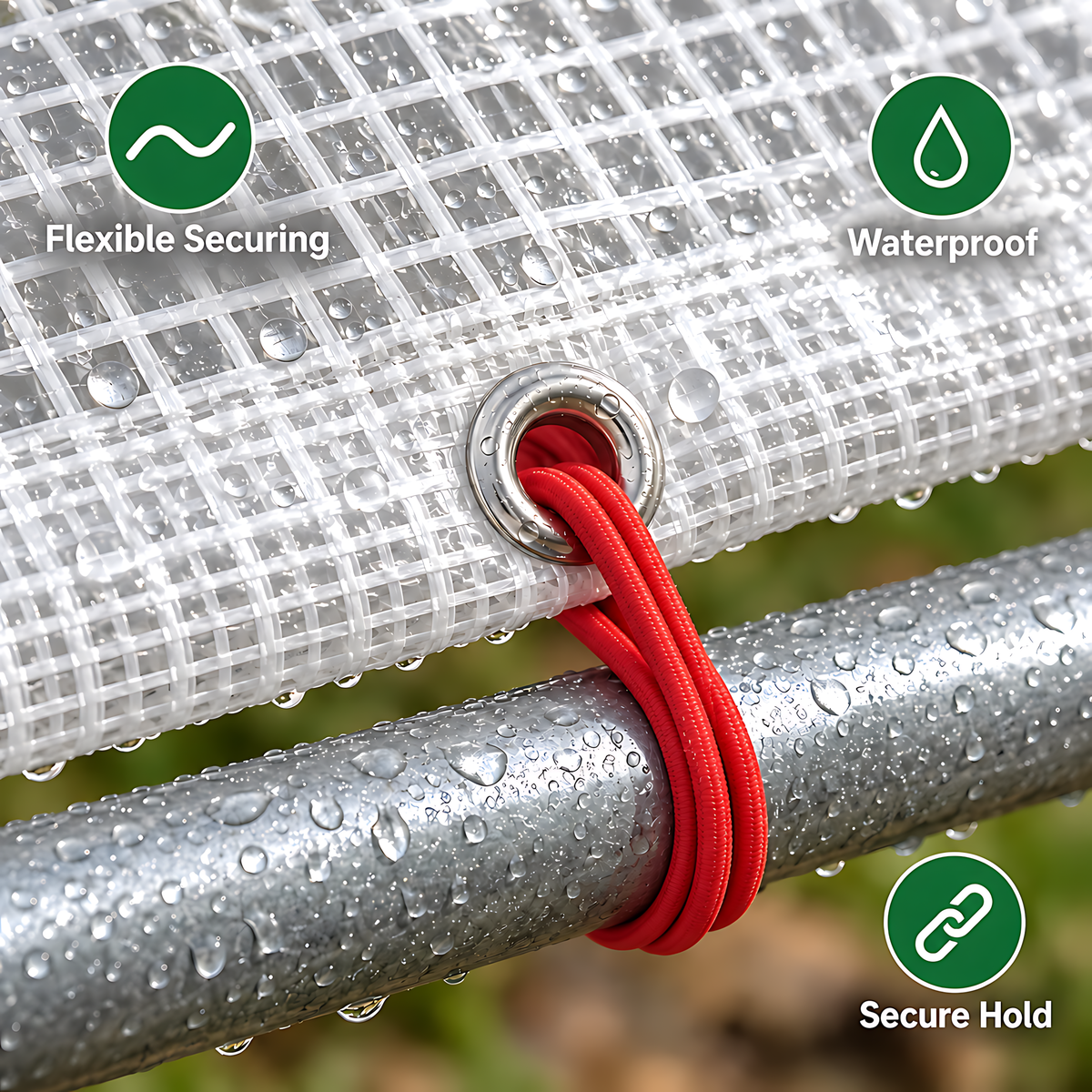 Clear Leno Tarpaulin 4m x 5m 100 GSM Waterproof PE with 10m Red Bungee Rope for Greenhouses, UV Resistant, Aluminium Eyelets