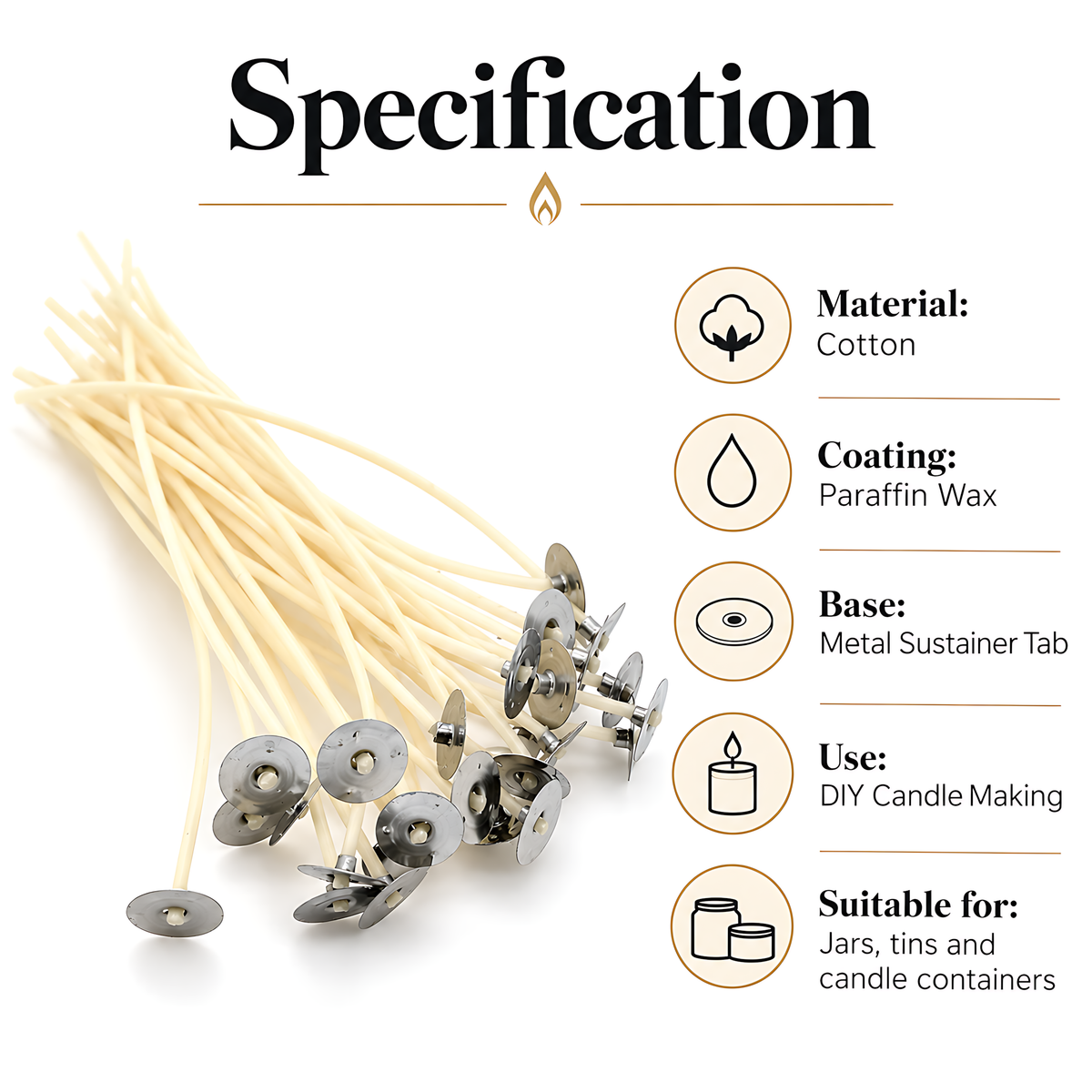 100 Pre-Waxed Cotton Candle Wicks 320mm (32cm) with Metal Sustainer Tabs for DIY Candle Making, Jar, Tin and Home Craft Projects