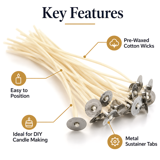 20 Pre-Waxed Cotton Candle Wicks 150mm (15cm) with Metal Sustainer Tabs for DIY Candle Making, Jar, Tin and Home Craft Projects