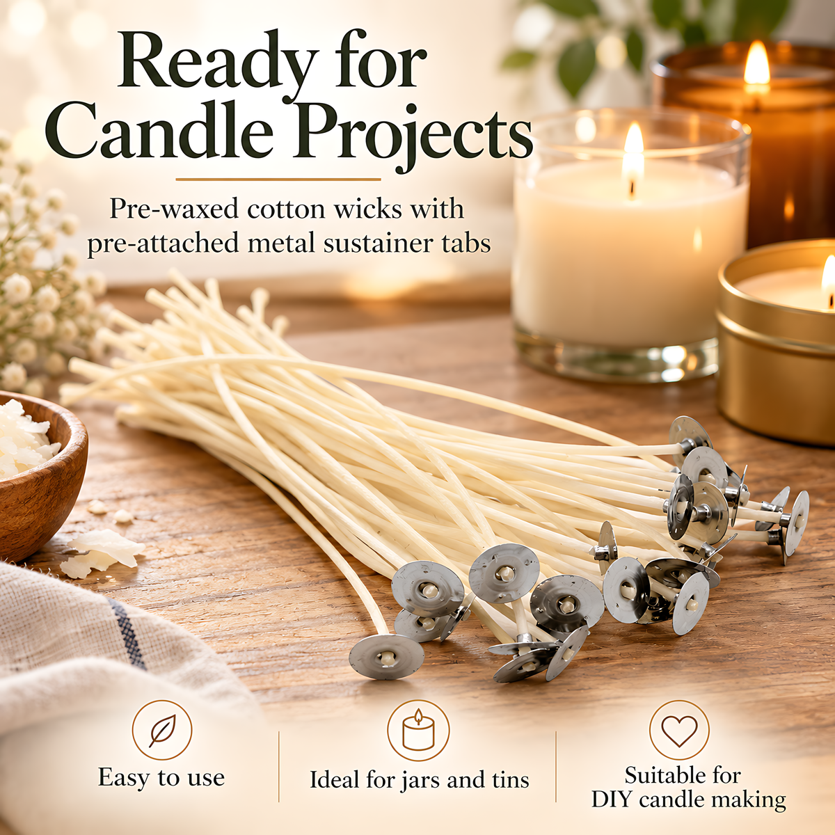 10 Pre-Waxed Cotton Candle Wicks 320mm (32cm) with Metal Sustainer Tabs for DIY Candle Making, Jar, Tin and Home Craft Projects