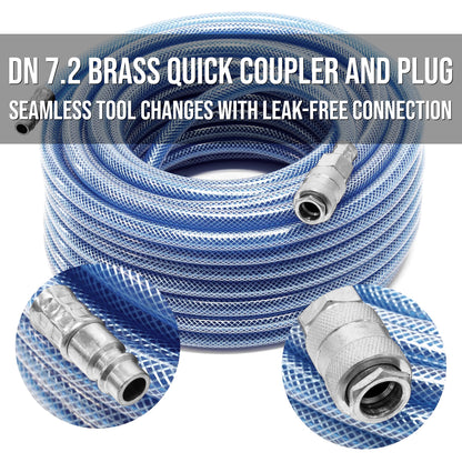 15 m / 50 ft Air Compressor Recoil Hose - 8 mm ID x 12 mm OD Reinforced PVC - Anti-Kink Pneumatic Hose with DN 7.2 Coupler & Plug