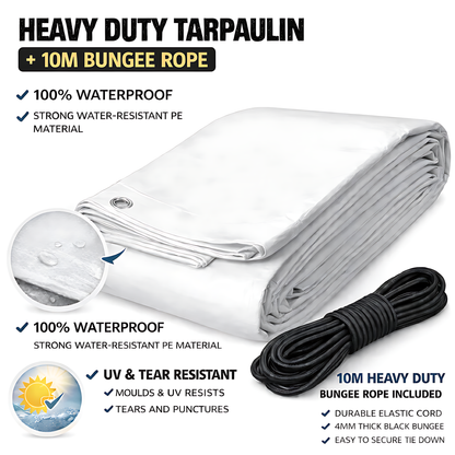 White Tarpaulin 1.5 x 2 m 90 GSM Waterproof UV Resistant PE Tarp Sheet, Aluminium Eyelets, Reinforced Edges, 10m Bungee