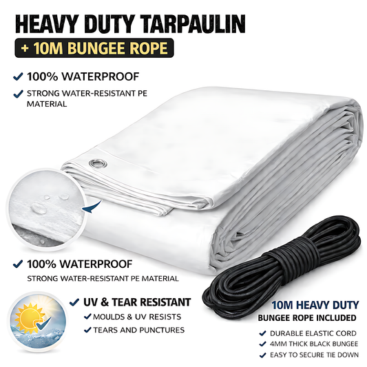White Tarpaulin 8 x 10 m 90 GSM Waterproof UV Resistant PE Tarp Sheet, Aluminium Eyelets, Reinforced Edges, 10m Bungee