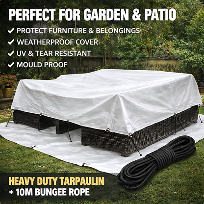White Tarpaulin 1.5 x 2 m 90 GSM Waterproof UV Resistant PE Tarp Sheet, Aluminium Eyelets, Reinforced Edges, 10m Bungee