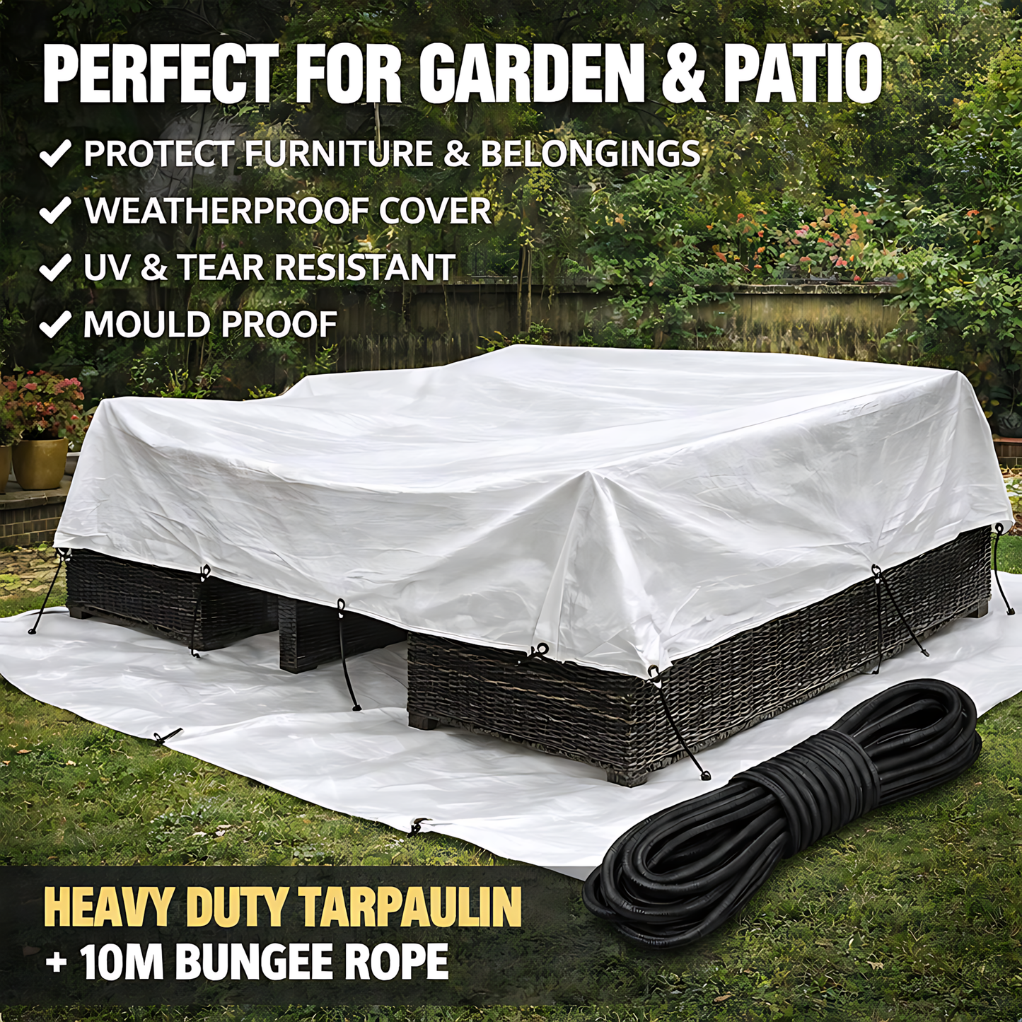 White Tarpaulin 2 x 3 m 90 GSM Waterproof UV Resistant PE Tarp Sheet, Aluminium Eyelets, Reinforced Edges, 10m Bungee