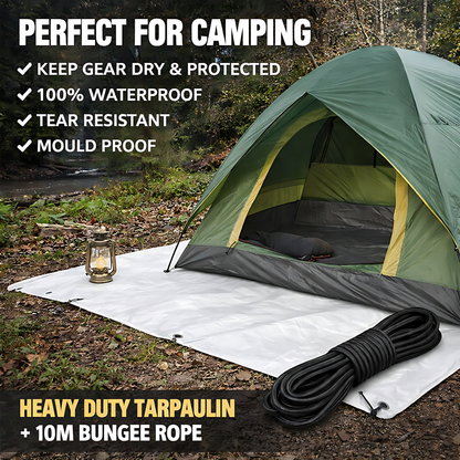 White Tarpaulin 3 x 4 m 90 GSM Waterproof UV Resistant PE Tarp Sheet, Aluminium Eyelets, Reinforced Edges, 10m Bungee