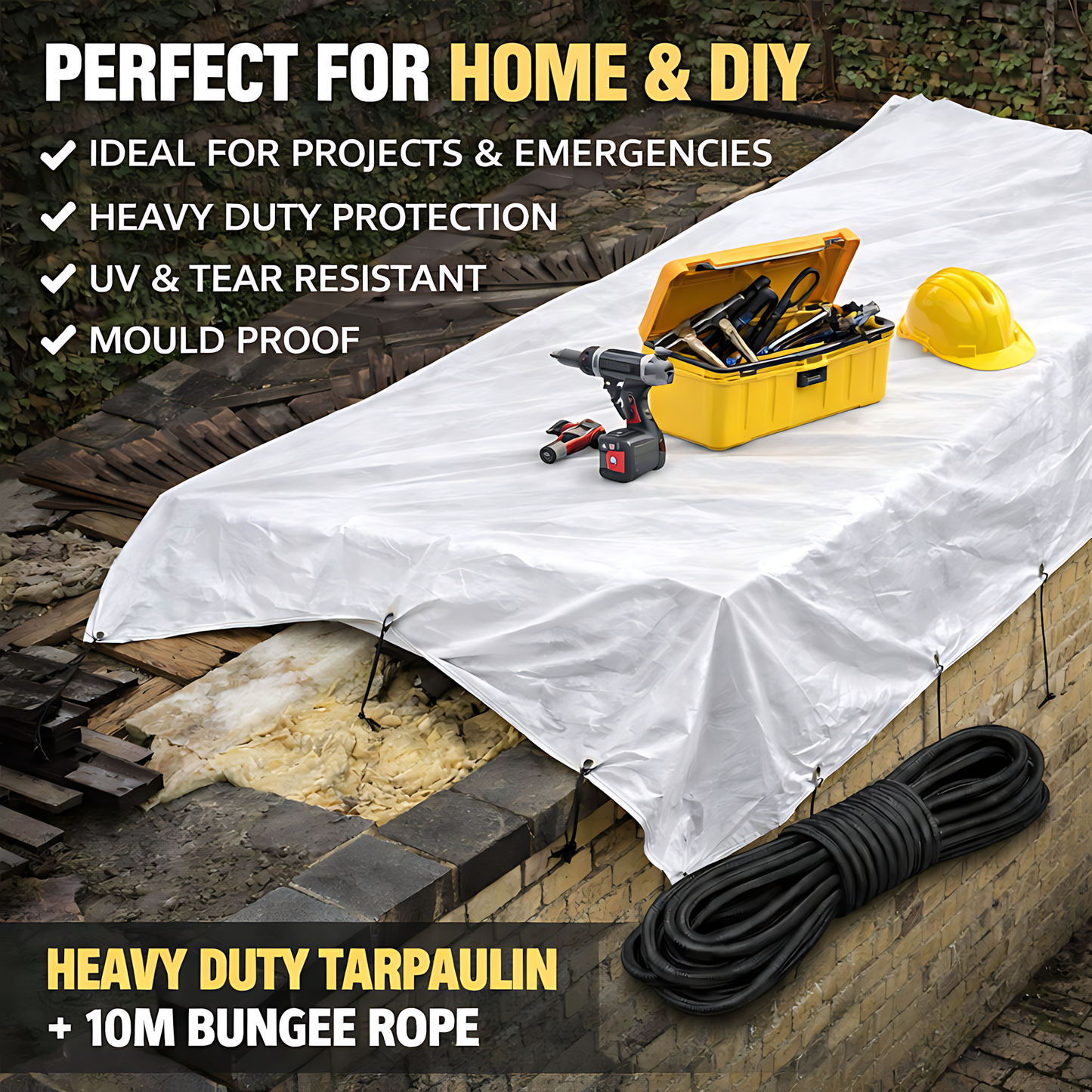 White Tarpaulin 4 x 5 m 90 GSM Waterproof UV Resistant PE Tarp Sheet, Aluminium Eyelets, Reinforced Edges, 10m Bungee
