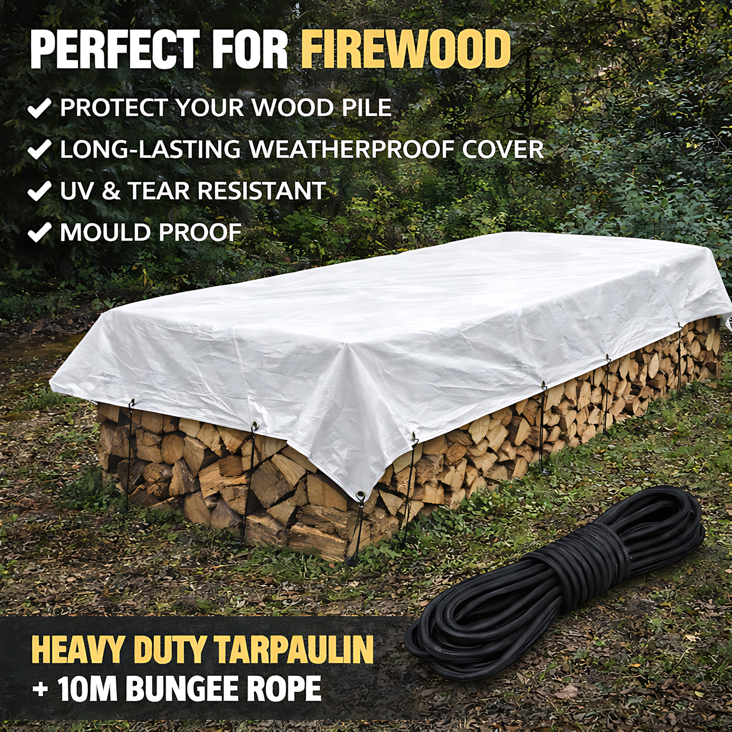 White Tarpaulin 3 x 3 m 90 GSM Waterproof UV Resistant PE Tarp Sheet, Aluminium Eyelets, Reinforced Edges, 10m Bungee