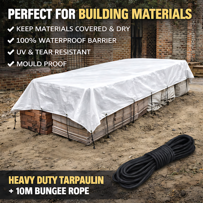 White Tarpaulin 4 x 4 m 90 GSM Waterproof UV Resistant PE Tarp Sheet, Aluminium Eyelets, Reinforced Edges, 10m Bungee