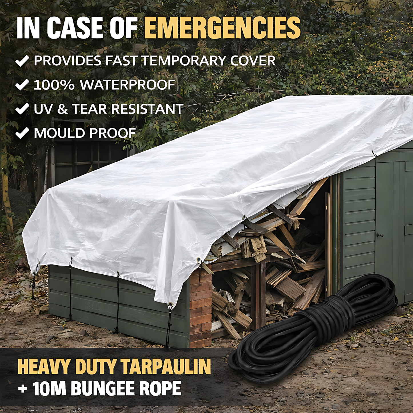 White Tarpaulin 4 x 4 m 90 GSM Waterproof UV Resistant PE Tarp Sheet, Aluminium Eyelets, Reinforced Edges, 10m Bungee
