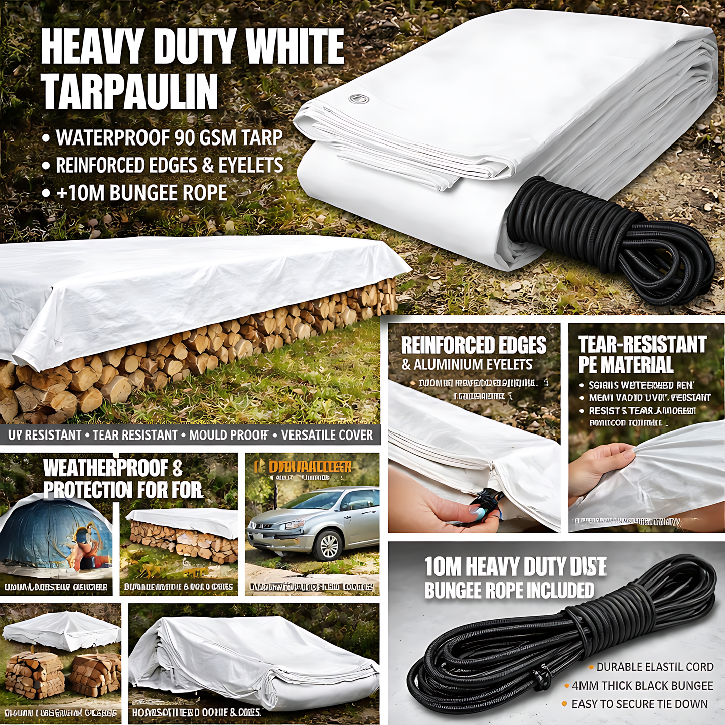 White Tarpaulin 5 x 8 m 90 GSM Waterproof UV Resistant PE Tarp Sheet, Aluminium Eyelets, Reinforced Edges, 10m Bungee