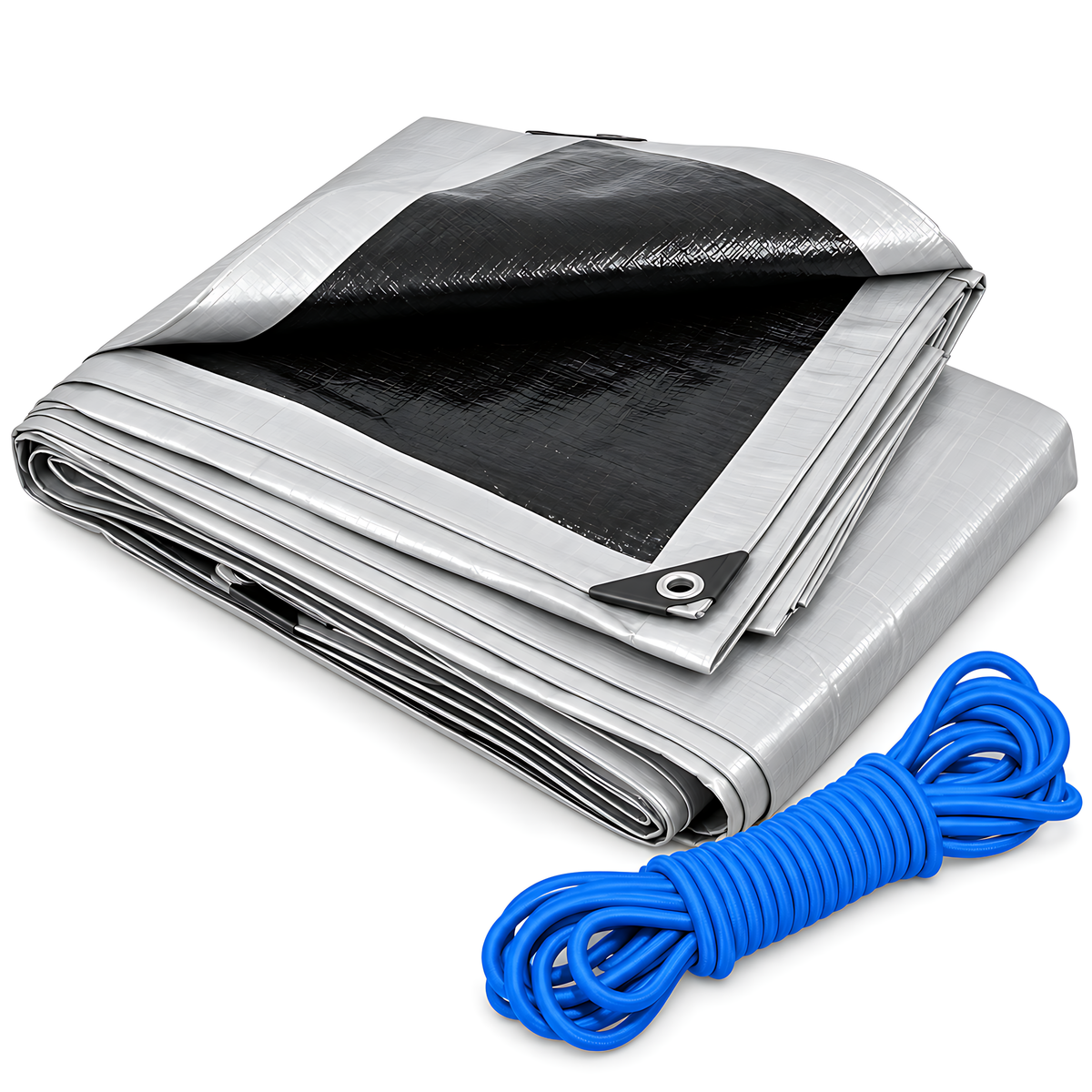 Heavy Duty Silver Black Tarpaulin 10m x 10m 260 GSM Waterproof with 10m Blue Bungee Rope, UV Resistant, 1m Eyelets, Rubber Corners