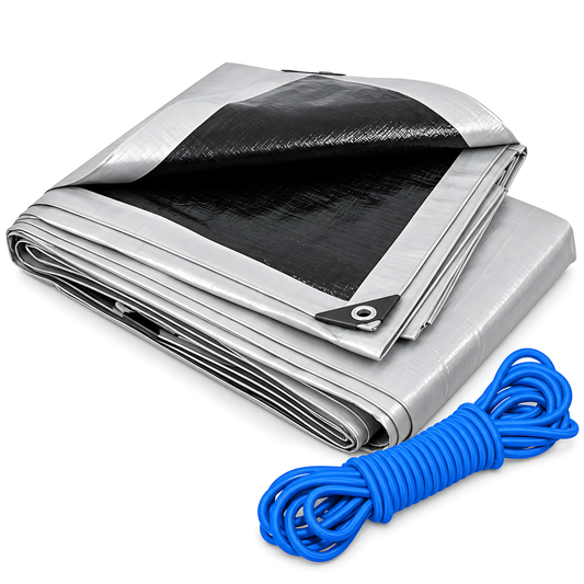 Heavy Duty Silver Black Tarpaulin 2m x 3m 260 GSM Waterproof with 10m Blue Bungee Rope, UV Resistant, 1m Eyelets, Rubber Corners
