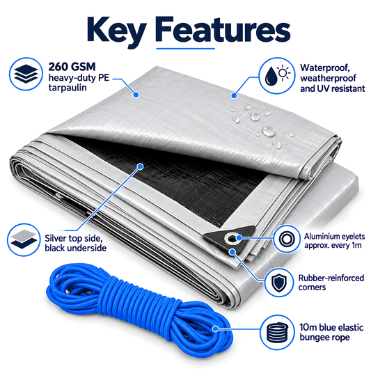 Heavy Duty Silver Black Tarpaulin 6m x 8m 260 GSM Waterproof with 10m Blue Bungee Rope, UV Resistant, 1m Eyelets, Rubber Corners