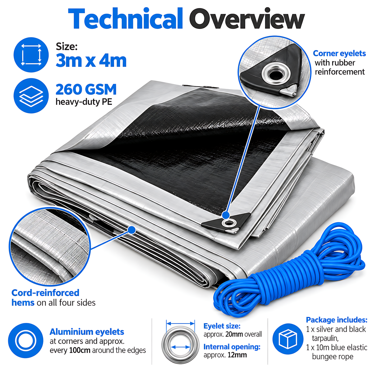 Heavy Duty Silver Black Tarpaulin 4m x 4m 260 GSM Waterproof with 10m Blue Bungee Rope, UV Resistant, 1m Eyelets, Rubber Corners