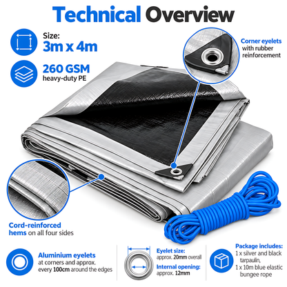 Heavy Duty Silver Black Tarpaulin 4m x 4m 260 GSM Waterproof with 10m Blue Bungee Rope, UV Resistant, 1m Eyelets, Rubber Corners