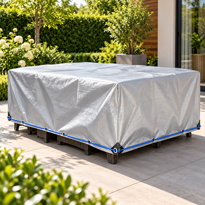 Heavy Duty Silver Black Tarpaulin 8m x 8m 260 GSM Waterproof with 10m Blue Bungee Rope, UV Resistant, 1m Eyelets, Rubber Corners