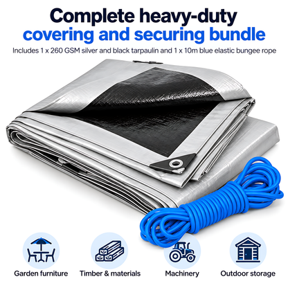 Heavy Duty Silver Black Tarpaulin 3m x 4m 260 GSM Waterproof with 10m Blue Bungee Rope, UV Resistant, 1m Eyelets, Rubber Corners