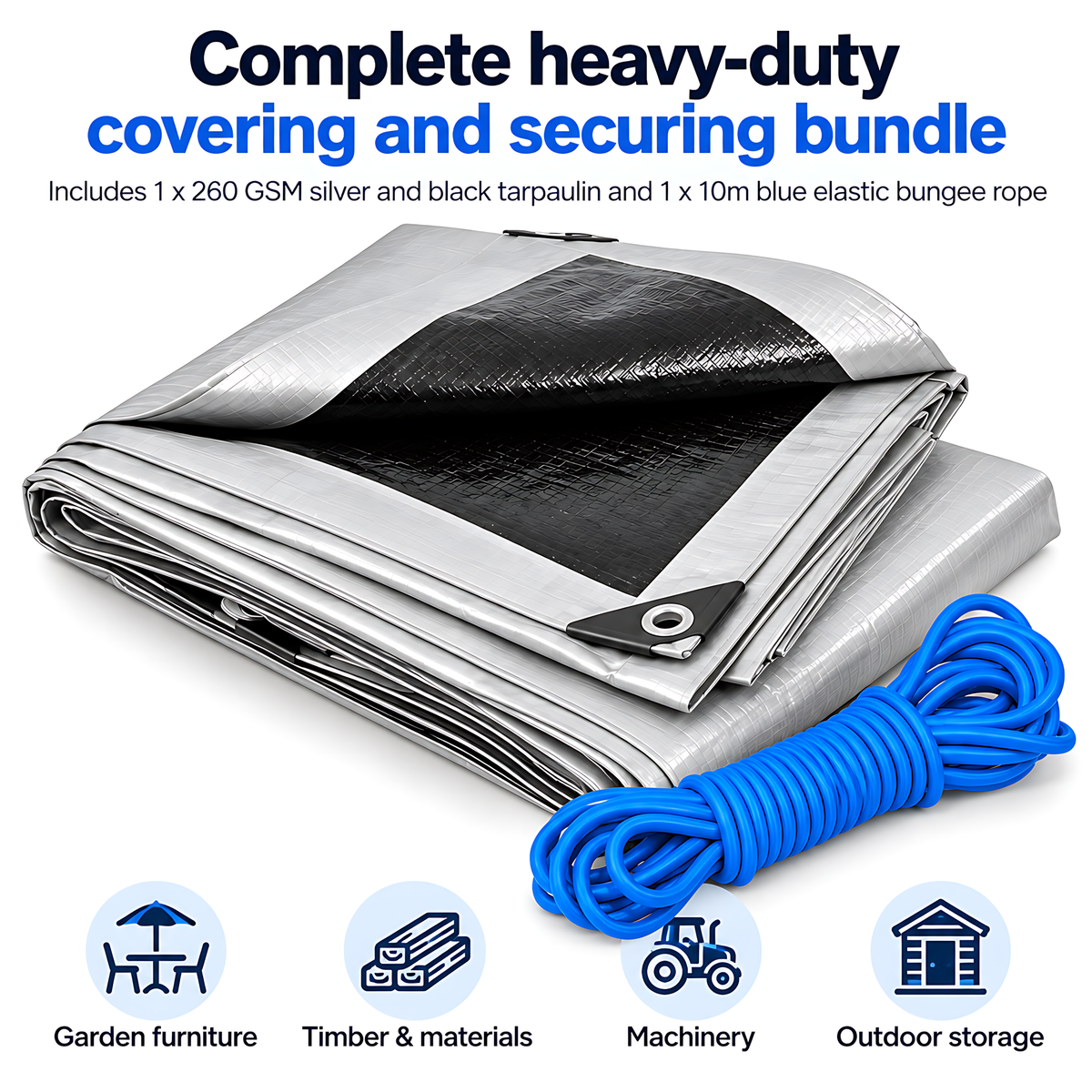 Heavy Duty Silver Black Tarpaulin 8m x 8m 260 GSM Waterproof with 10m Blue Bungee Rope, UV Resistant, 1m Eyelets, Rubber Corners
