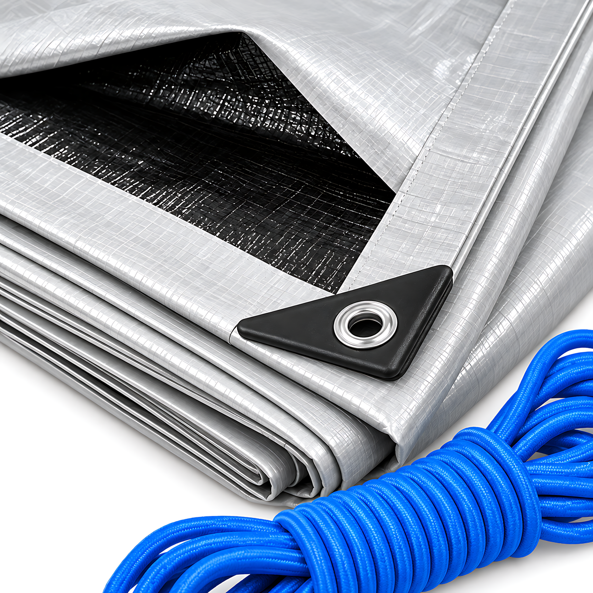 Heavy Duty Silver Black Tarpaulin 10m x 10m 260 GSM Waterproof with 10m Blue Bungee Rope, UV Resistant, 1m Eyelets, Rubber Corners